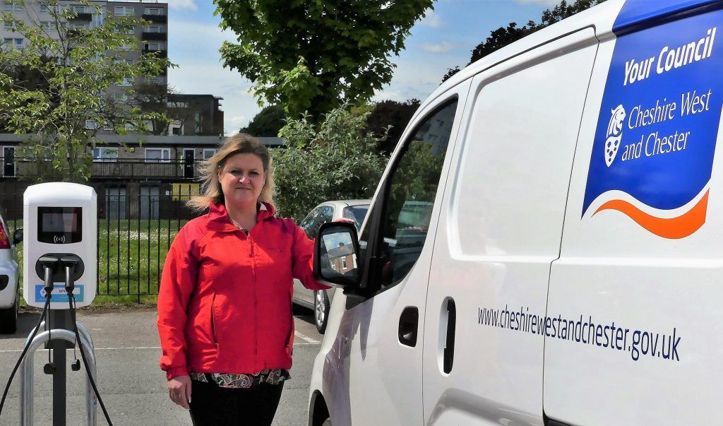 Cllr Karen Shore (Cabinet Member - Environment, Highways and Strategic Transport) at the charging facilities in Brook Street Car Park, Chester.